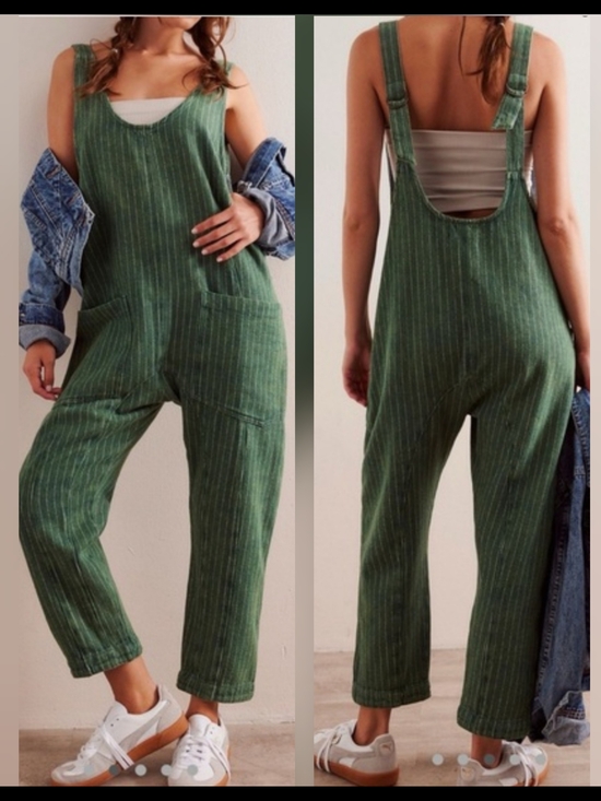 We The Free Pants - NWOT We The Free Green Pinstripe Linen-Blend Overalls Jumpsuit